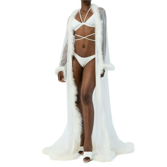 Kikiriki FeatherTrimmed Sheer Mesh Wide Sleeve Long Robe Size Small Off White NW - Picture 2 of 8